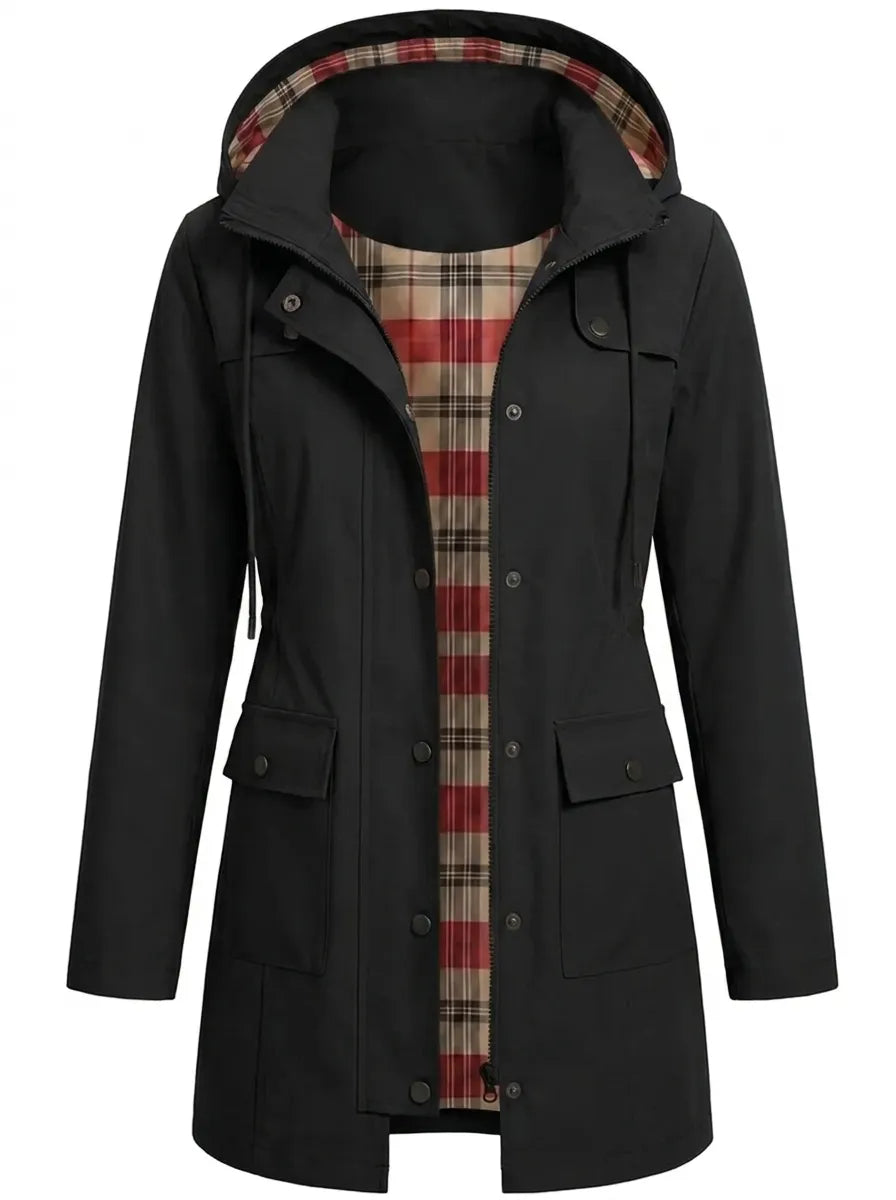 Women's hooded parka jacket with plaid lining and front flap pockets