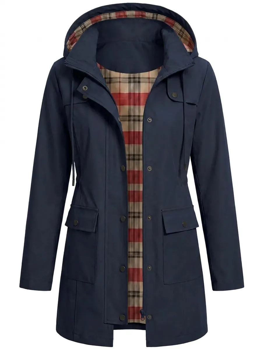 Women's hooded parka jacket with plaid lining and front flap pockets