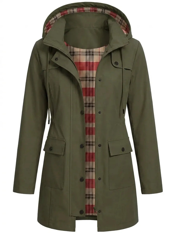 Women's hooded parka jacket with plaid lining and front flap pockets