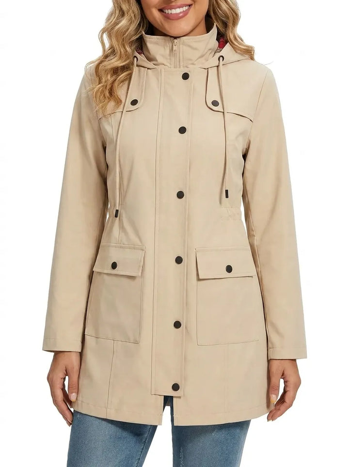 Women's hooded parka jacket with plaid lining and front flap pockets