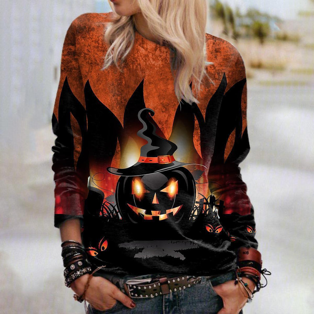 Women's Halloween graphic sweatshirt with pumpkin witch hat design