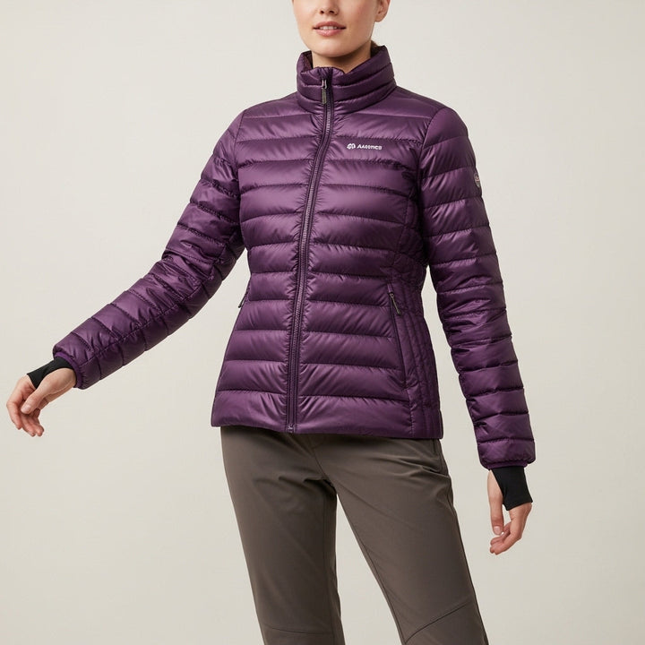 Women's quilted puffer jacket with high collar, long sleeves and zipped pockets