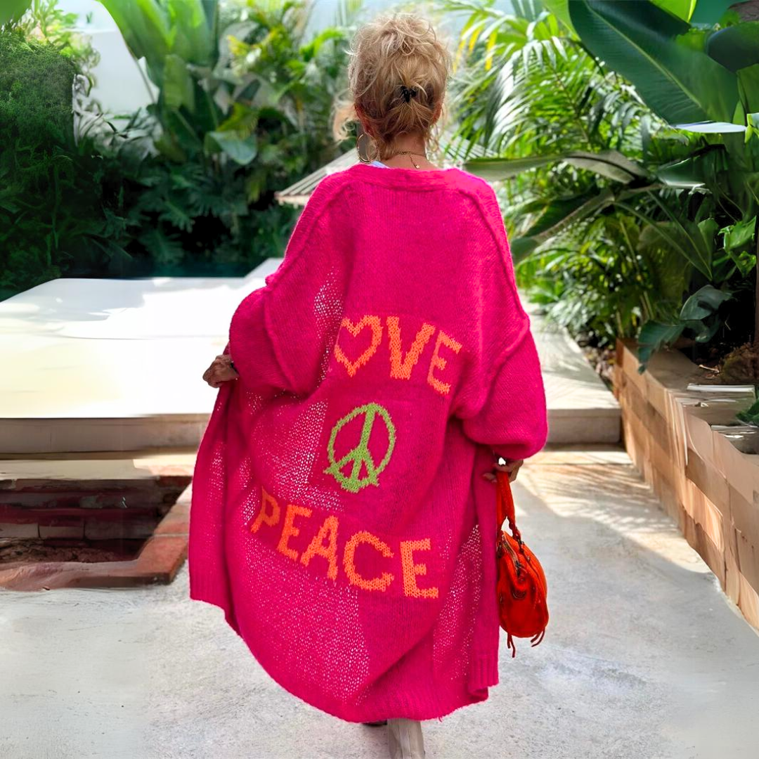 Women's oversized longline cardigan with LOVE PEACE graphic on the back