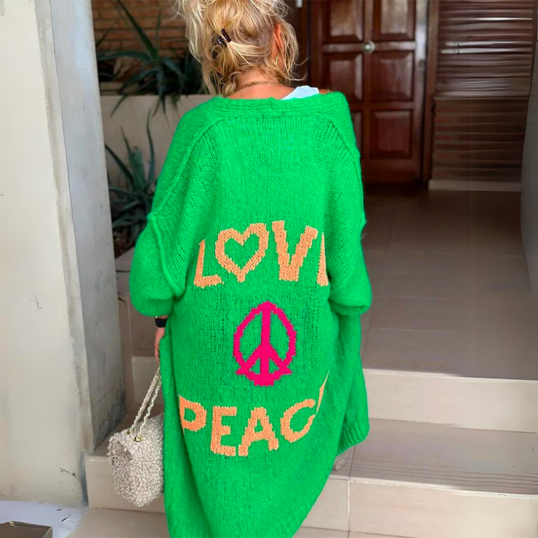 Women's oversized longline cardigan with LOVE PEACE graphic on the back