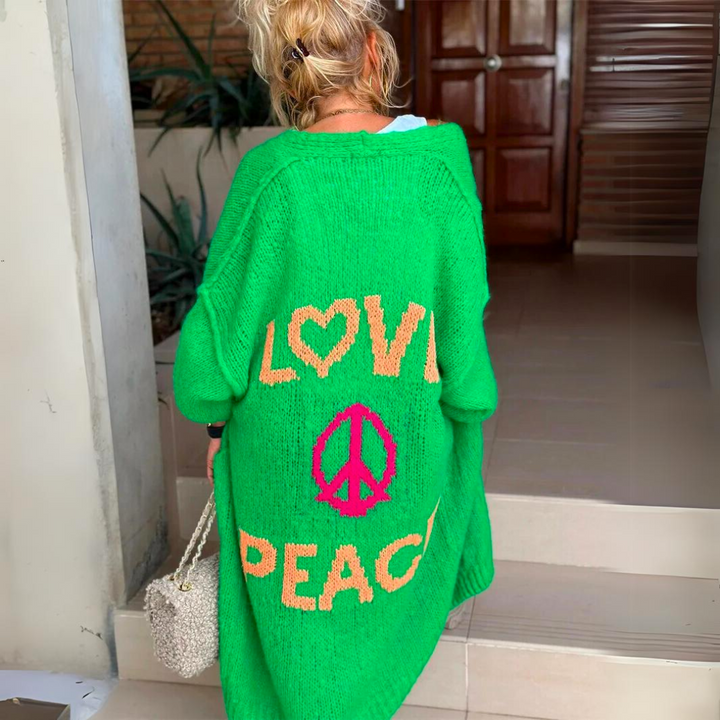 Women's oversized longline cardigan with LOVE PEACE graphic on the back