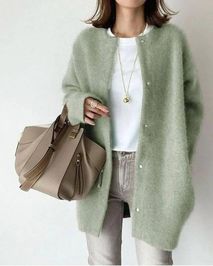 Women's longline button-front cardigan with crew neckline and long sleeves