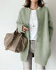 Women's longline button-front cardigan with crew neckline and long sleeves