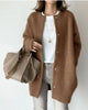 Women's longline button-front cardigan with crew neckline and long sleeves