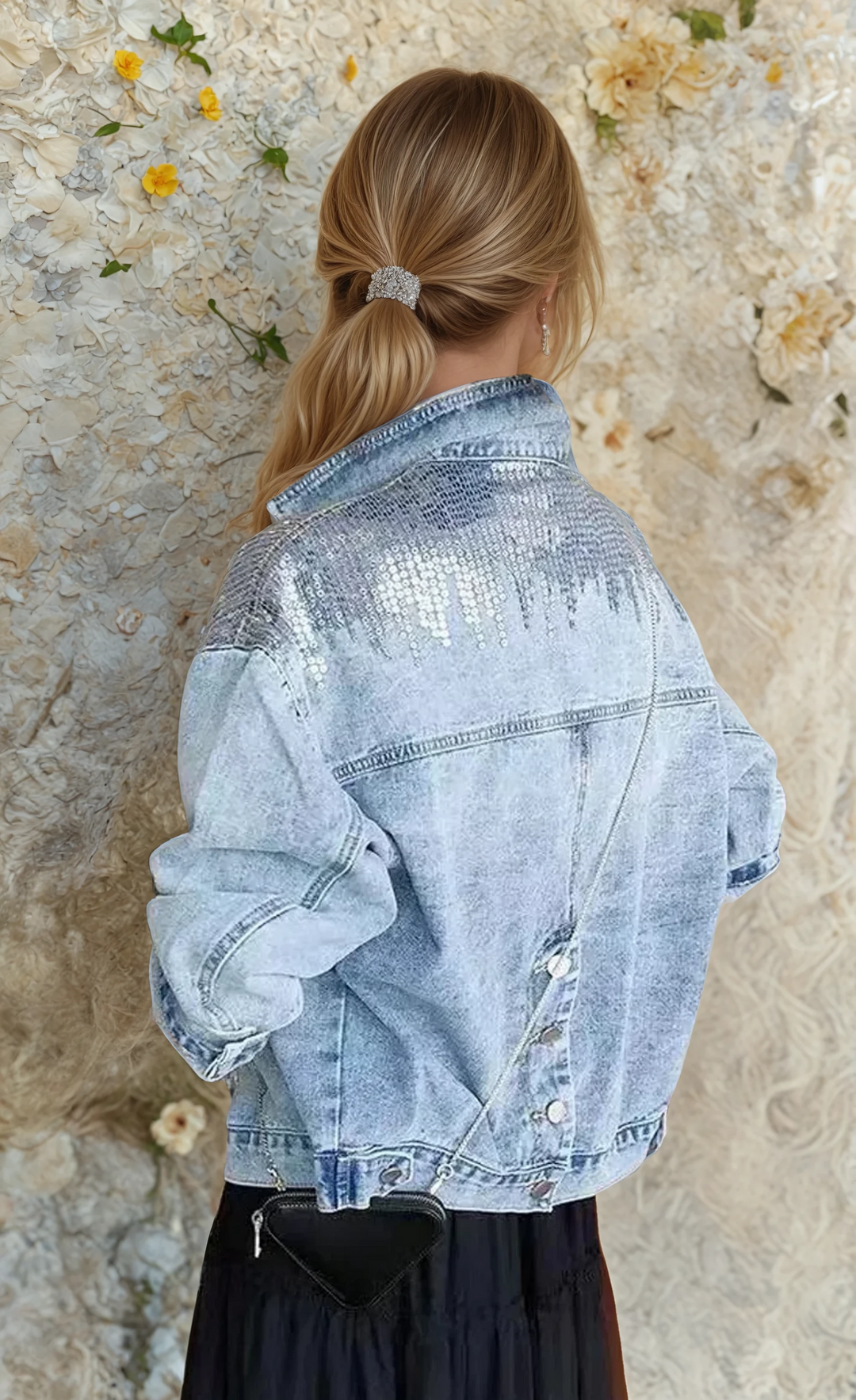 Women's light blue denim jacket with sequin detailing and stand collar
