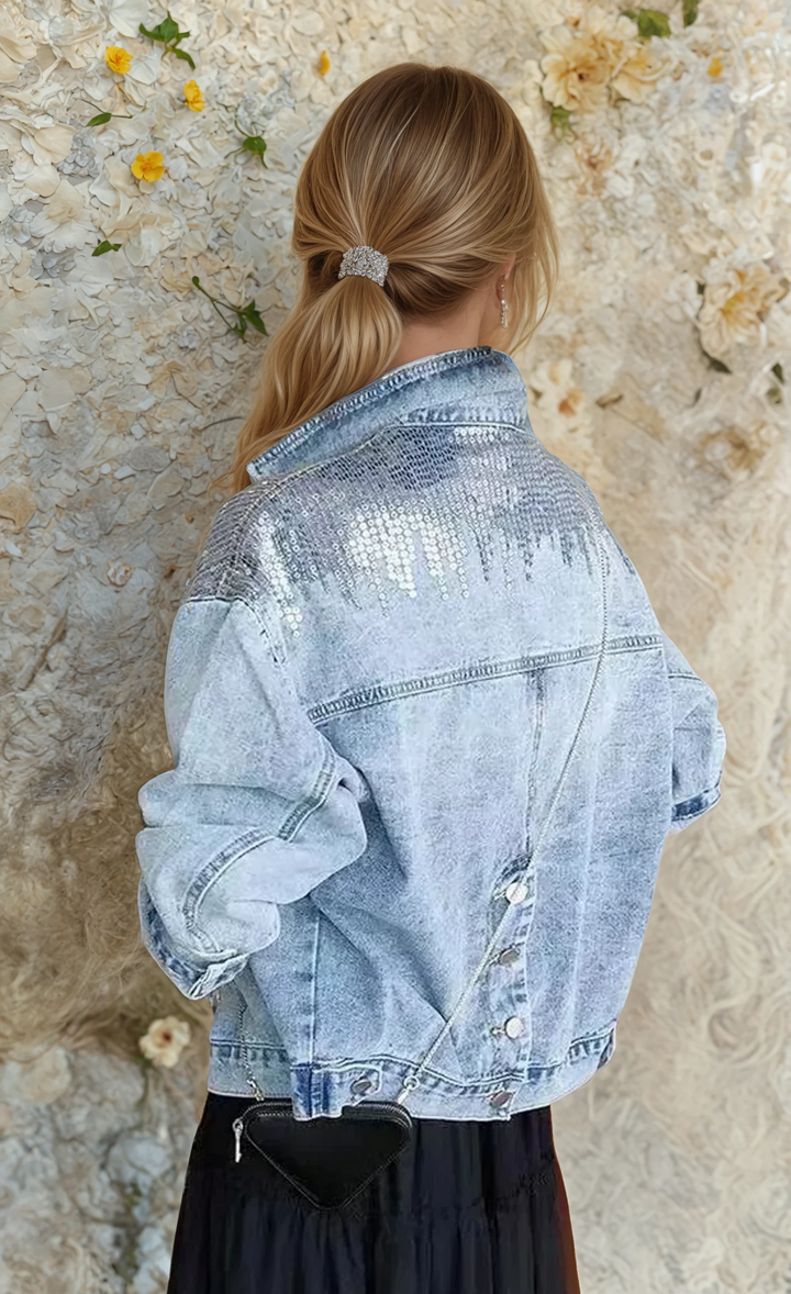 Women's light blue denim jacket with sequin detailing and stand collar