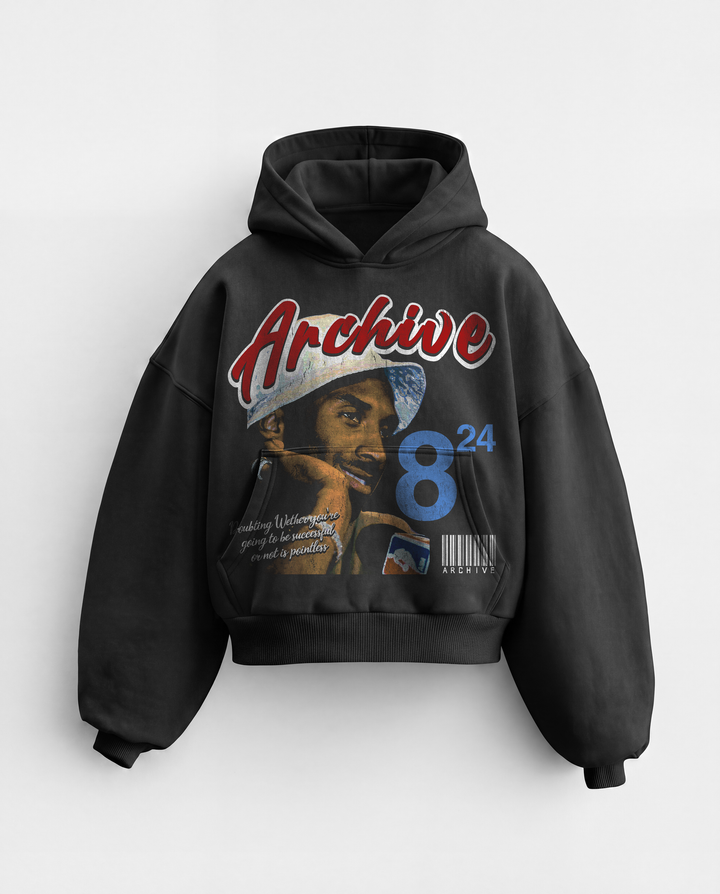 Black graphic pullover hoodie with hood, ribbed trims and front and back prints