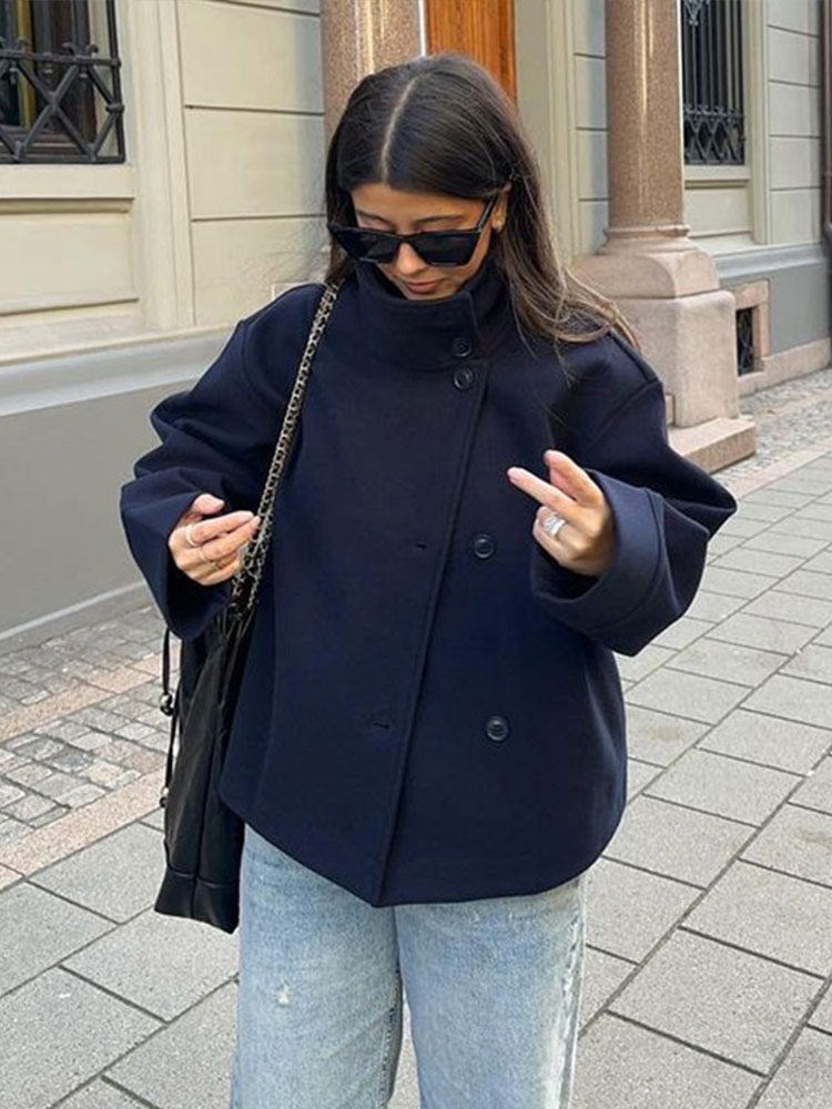 Women's double-breasted coat with stand collar and long sleeves