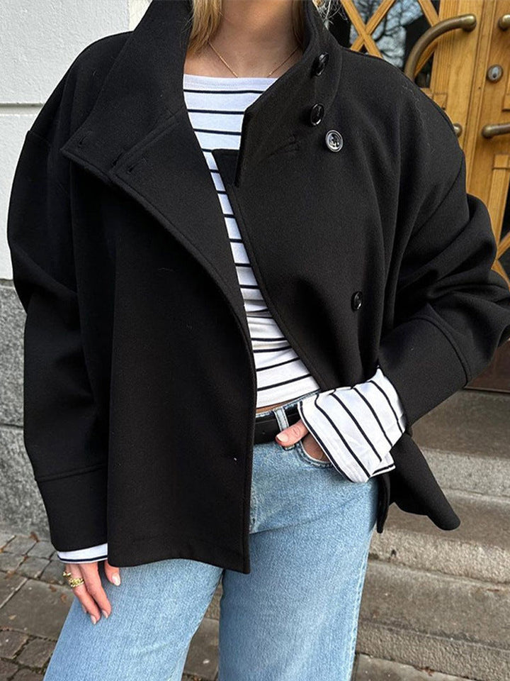 Women's double-breasted coat with stand collar and long sleeves
