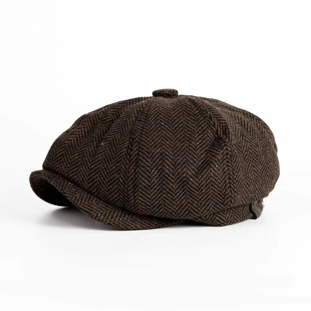 Octagonal herringbone newsboy cap with short brim and button top