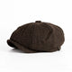 Octagonal herringbone newsboy cap with short brim and button top