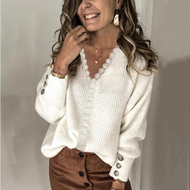 Women's ribbed V-neck button front sweater with long sleeves and cuff buttons