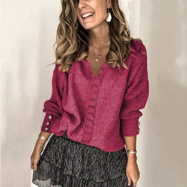 Women's ribbed V-neck button front sweater with long sleeves and cuff buttons