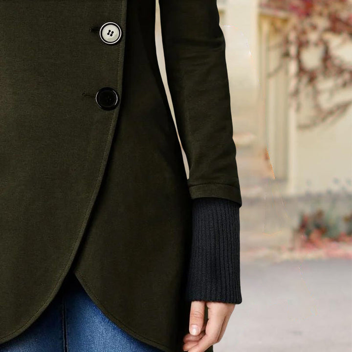 Women's single breasted coat with stand collar, long sleeves and curved hem