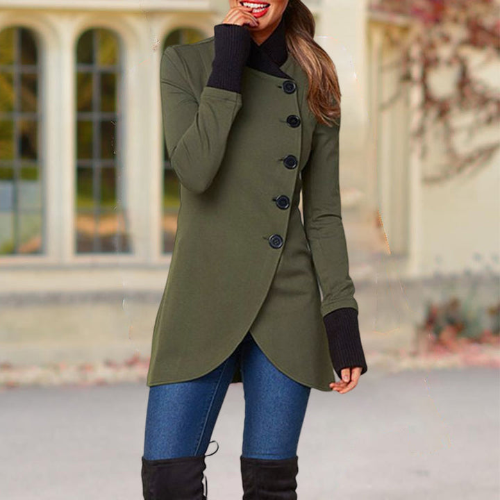Women's single breasted coat with stand collar, long sleeves and curved hem