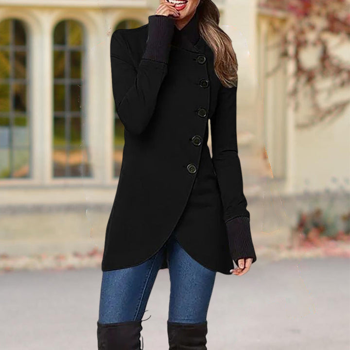 Women's single breasted coat with stand collar, long sleeves and curved hem