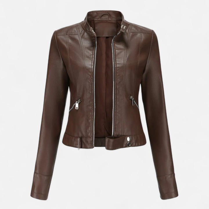 Women's cropped moto jacket with stand collar, long sleeves and zip pockets