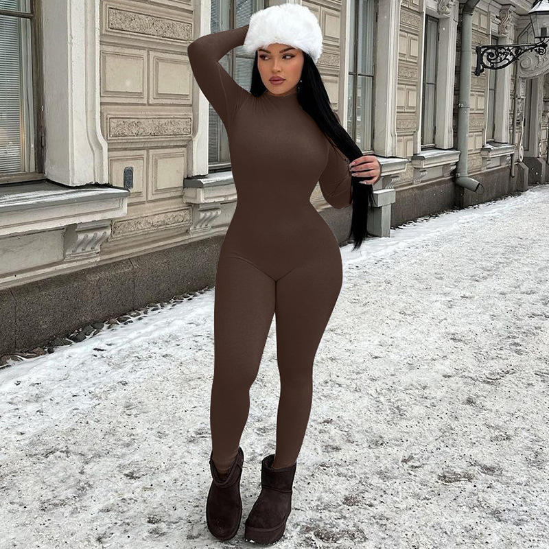 Colleen | Women's Bodycon Jumpsuit Long Sleeve Mock Neck Full Length Activewear