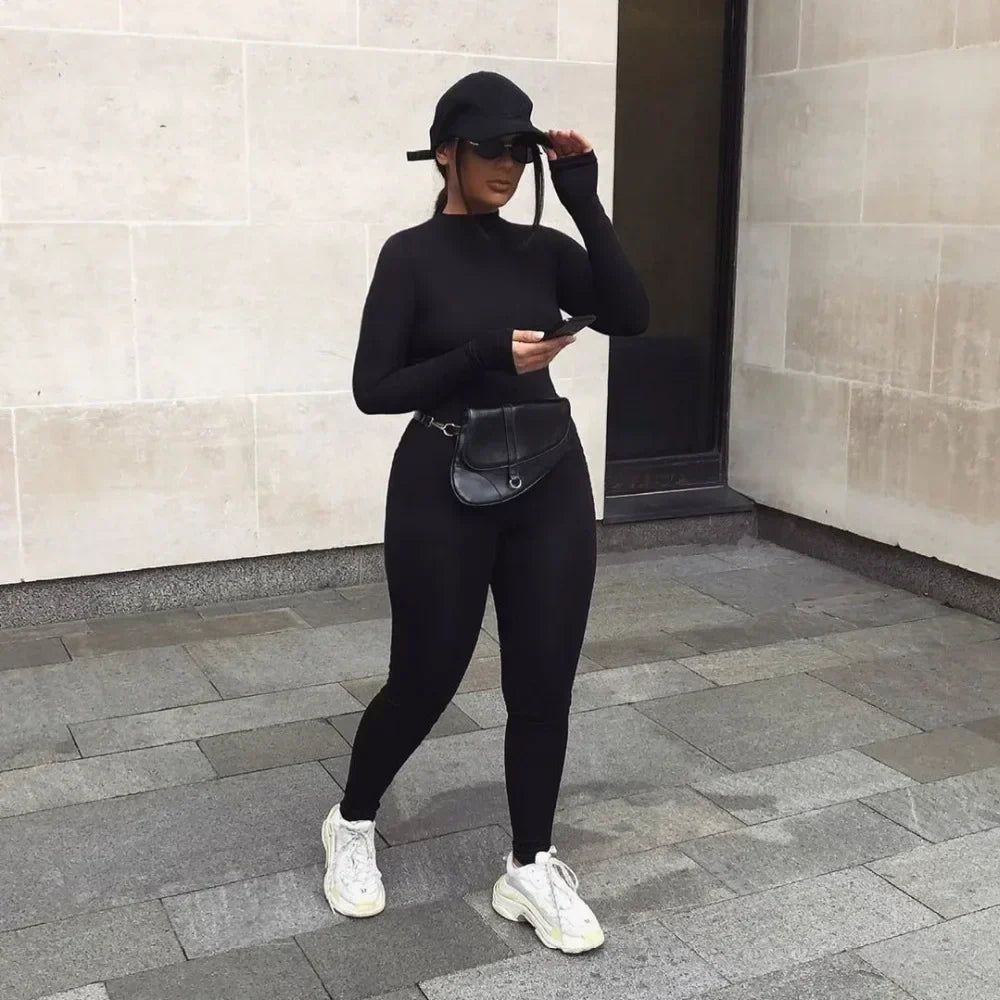 Colleen | Women's Bodycon Jumpsuit Long Sleeve Mock Neck Full Length Activewear